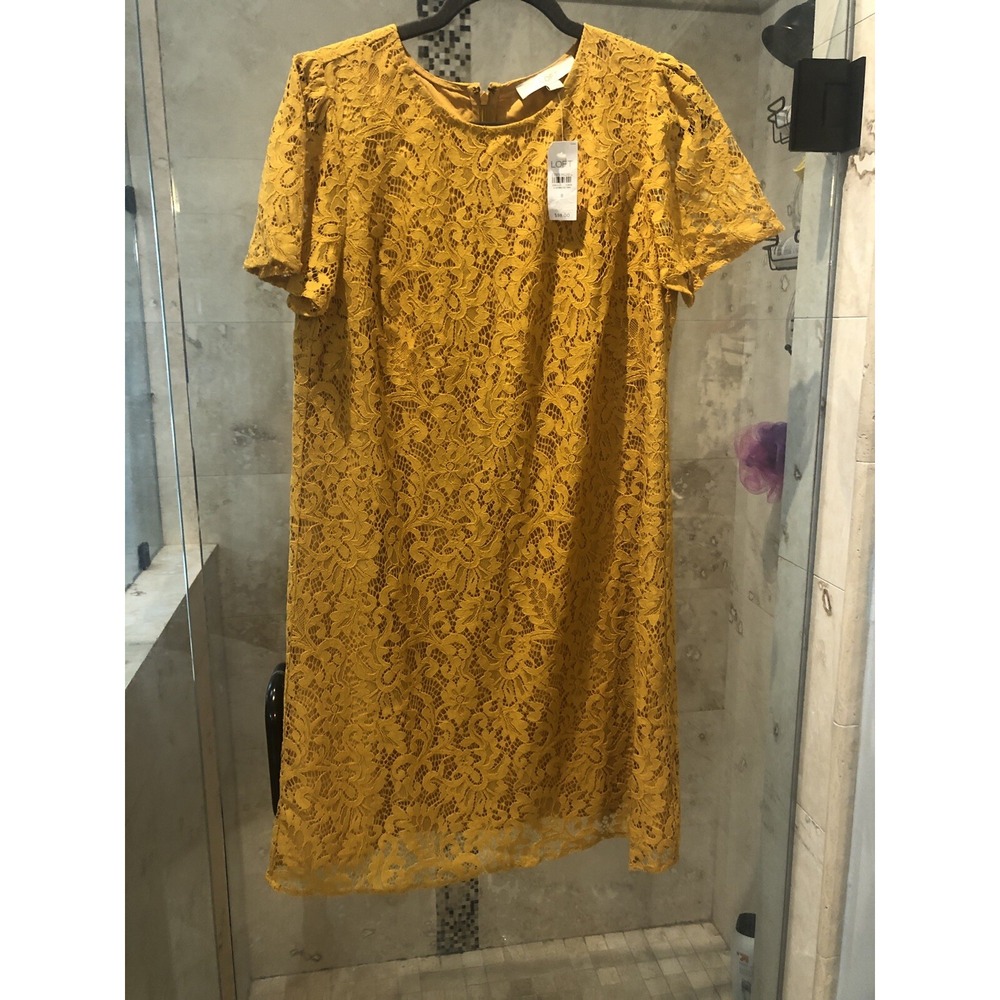 New Ann Taylor LOFT Womens 8 Yellow Lace Shift Dress Summer Short Sleeve Knee